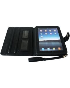Ipad 2 Black Leather Carrying Case w/Hand Strap, Spin able Silicone Cover
