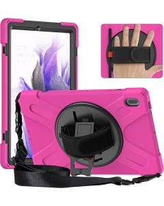 KIQ Galaxy Tab S7 FE SM-T730 Case, Shockproof Heavy Duty Impact Drop Protection Case Cover with Shoulder Strap for Samsung Galaxy Tab S7 FE (2021) T730 (Hot Pink)